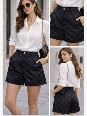 Black Satin Monogram High Waist Tailored Shorts Paris Chic Celine Style